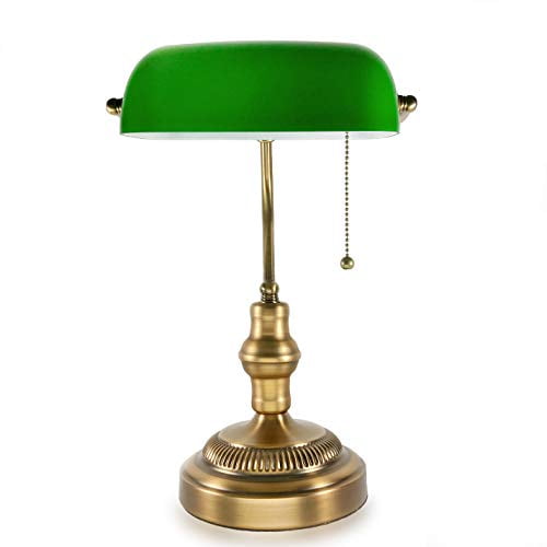 Traditional Bankers Lamp Brass Base, Antique Green Glass Lamp Shade