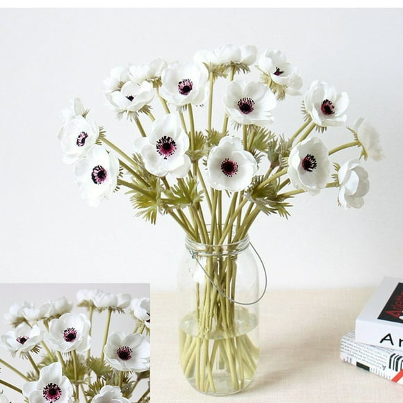 5Pcs Artifical Real Touch PU Anemone Flower Bouquet Room Home Decor (White)