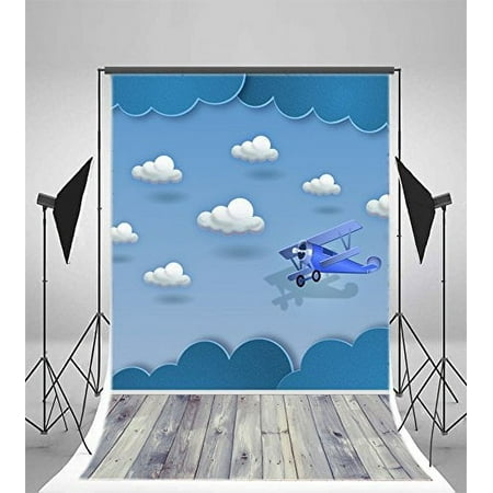Image of GreenDecor 5x7ft Photography Backdrop Cartoon Abstract Airplane White Cloud Blue Sky Vintage Retro Stripes Wood Floor Background Sweet Baby Kids Children Photo Studio Props