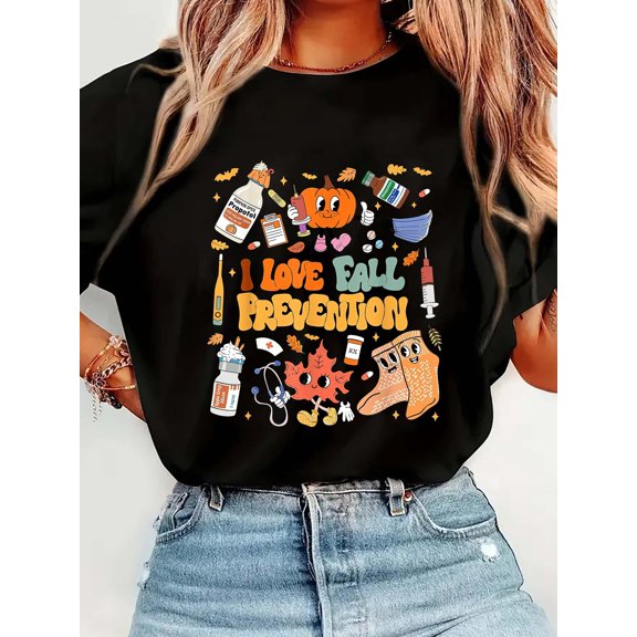 I Love Fall Prevention Thanksgiving Nurse Physical TherapyCrew Neck Graphic Tee Cotton Women T-Shirt