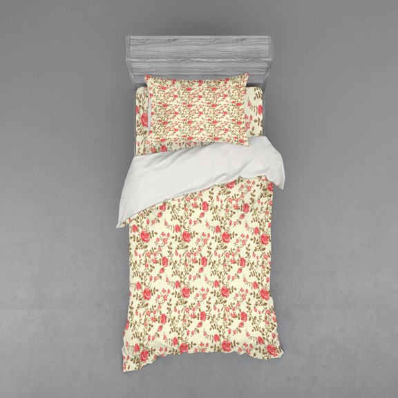 Ambesonne Rose Bedding Set 3 Pcs, Rustic Floral Classical, Twin, Pale Yellow Dark Coral