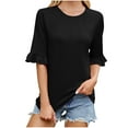thumbnail image 2 of YHAJDS Womens T Shirts Trendy Short Sleeve Round Neck Rolled Hem Solid Color Tee Loose Casual Top, 2 of 5