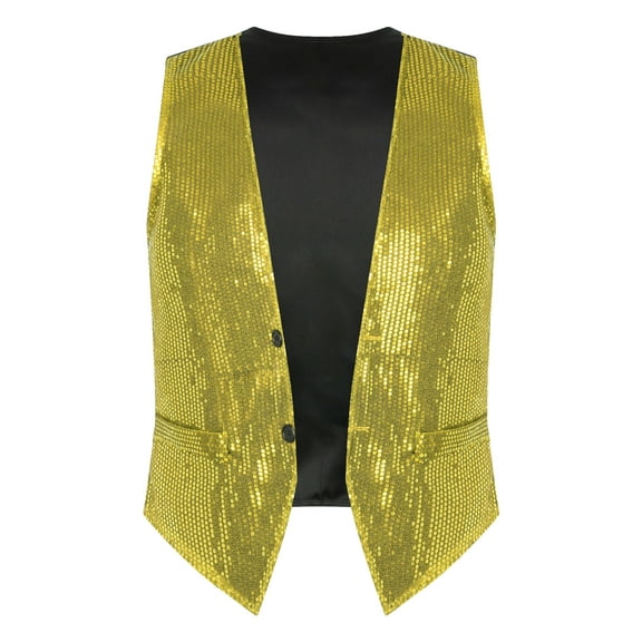 MSemis Glitter Sequins Waistcoat Open Front Jacket Sleeveless Coat Suit Vest Tops Costume Gold L