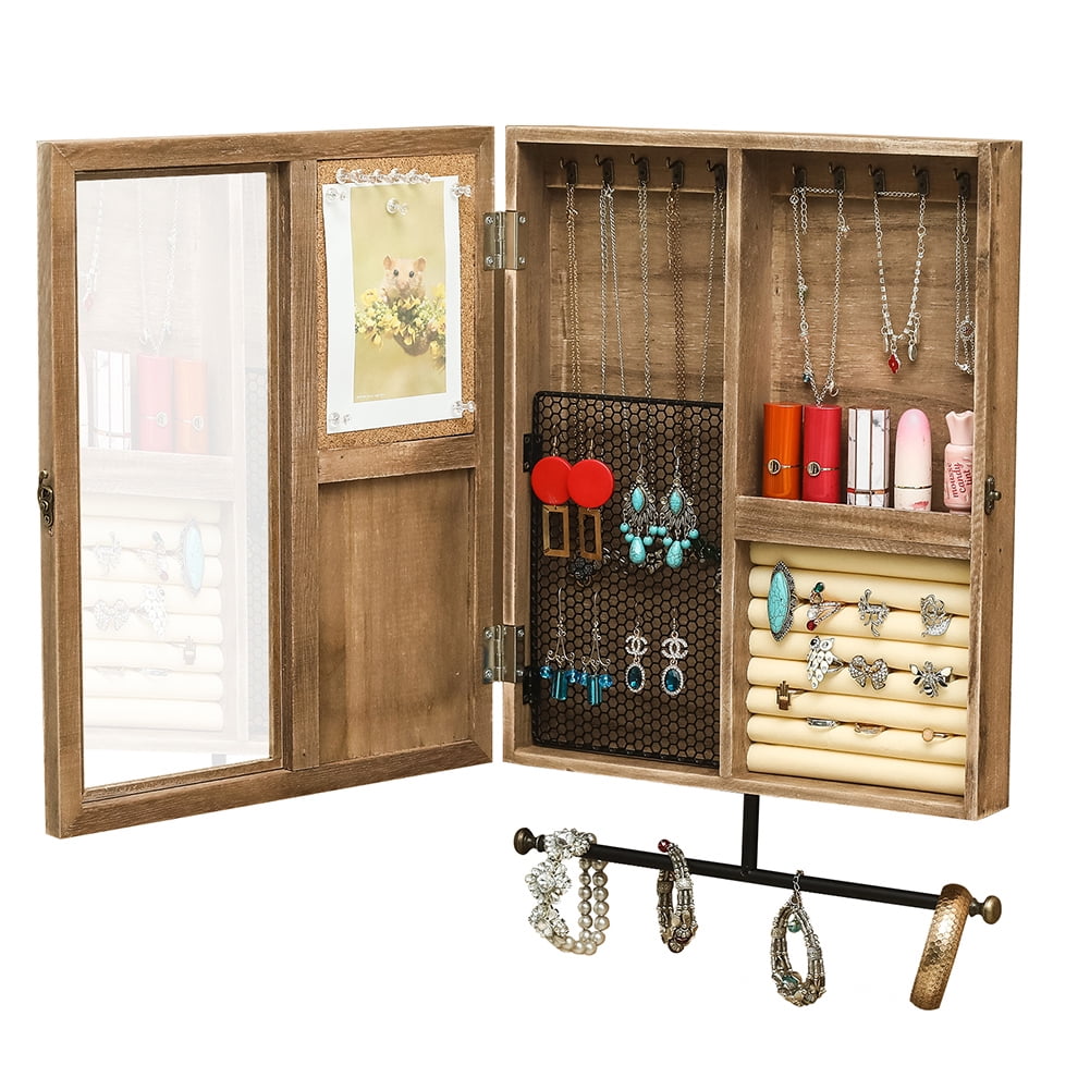 Private Jungle Wooden Jewelry Box With High-Grade Wall Barn Door Decoration, Jewelry Seat For Necklaces, Earrings, Bracelets, Rings - Brown