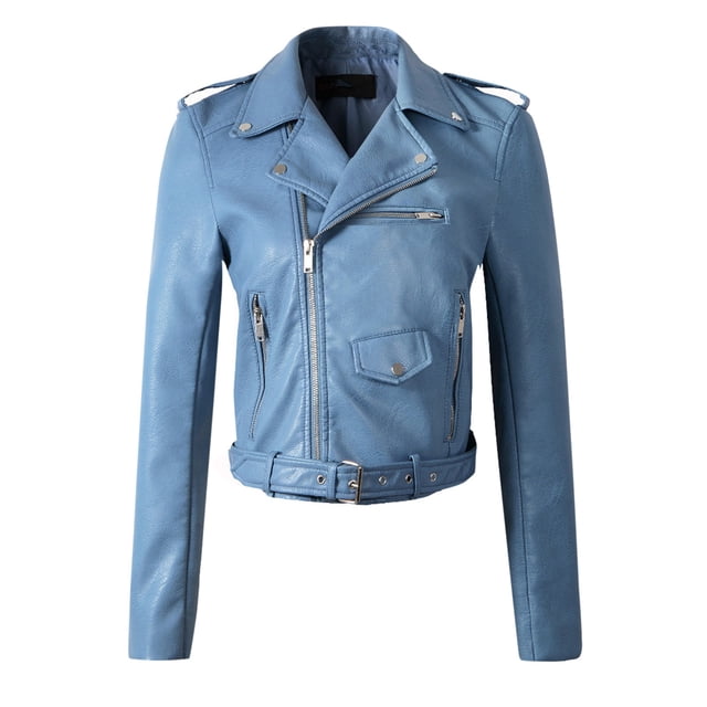 WEIYLL Womens Fleece Jackets The Belt Leather Cool Zipper Decoration Racing Style Biker Blue Winter Coats Size S