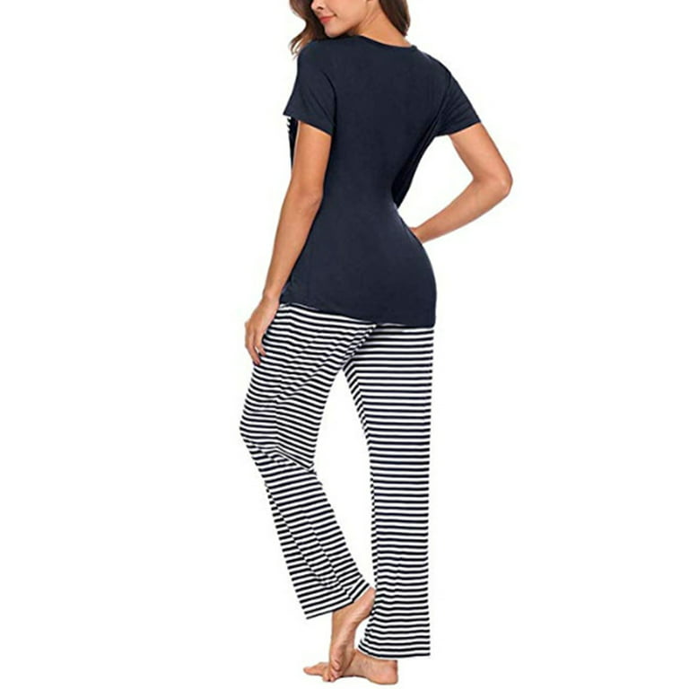 Womens Pajama Set Short Sleeve Top with Long Pants Cotton Sleepwear Pjs  Sets Ladies Summer Fashion Loose V Neck T-shirt Trousers Nightwear Suit 