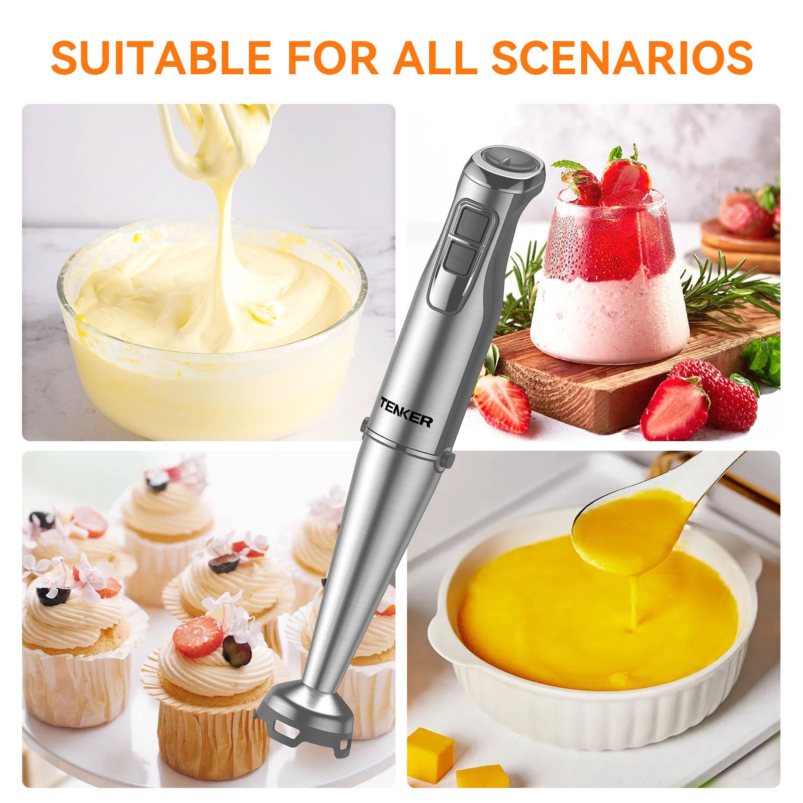 5-in-1 Immersion Hand Blender 1100W - 12 Speed + Turbo Stainless Steel Stick Blender with 600ml Beaker 500ml Chopper Whisk Milk Frother BPA-Free for Kitchen