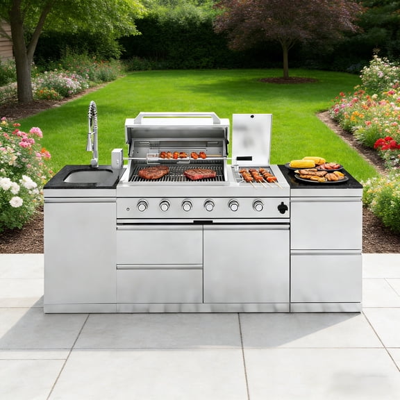 85-Inch 4-Burner 72000 BTU Deluxe Stainless Steel Gas Outdoor Kitchen Bar Barbecue Island Grill   Wine Cooler Compact Refrigerator   Rotisserie kit   Granite Countertops   Stainless steel Sink