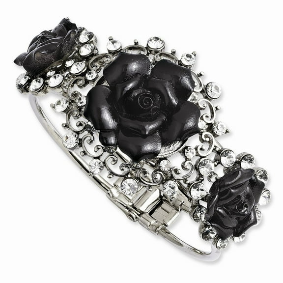 Silver-tone Black Flowers and Clear Crystal Hinged Bracelet - Measures 42.6mm Wide