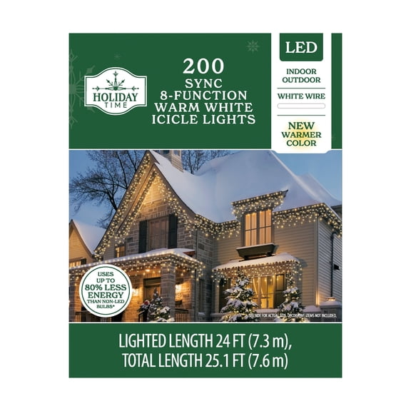 Indoor/Outdoor 200-Count LED 8-Function Sync Christmas Icicle Lights, Warm White, White Wire, 24', by Holiday Time
