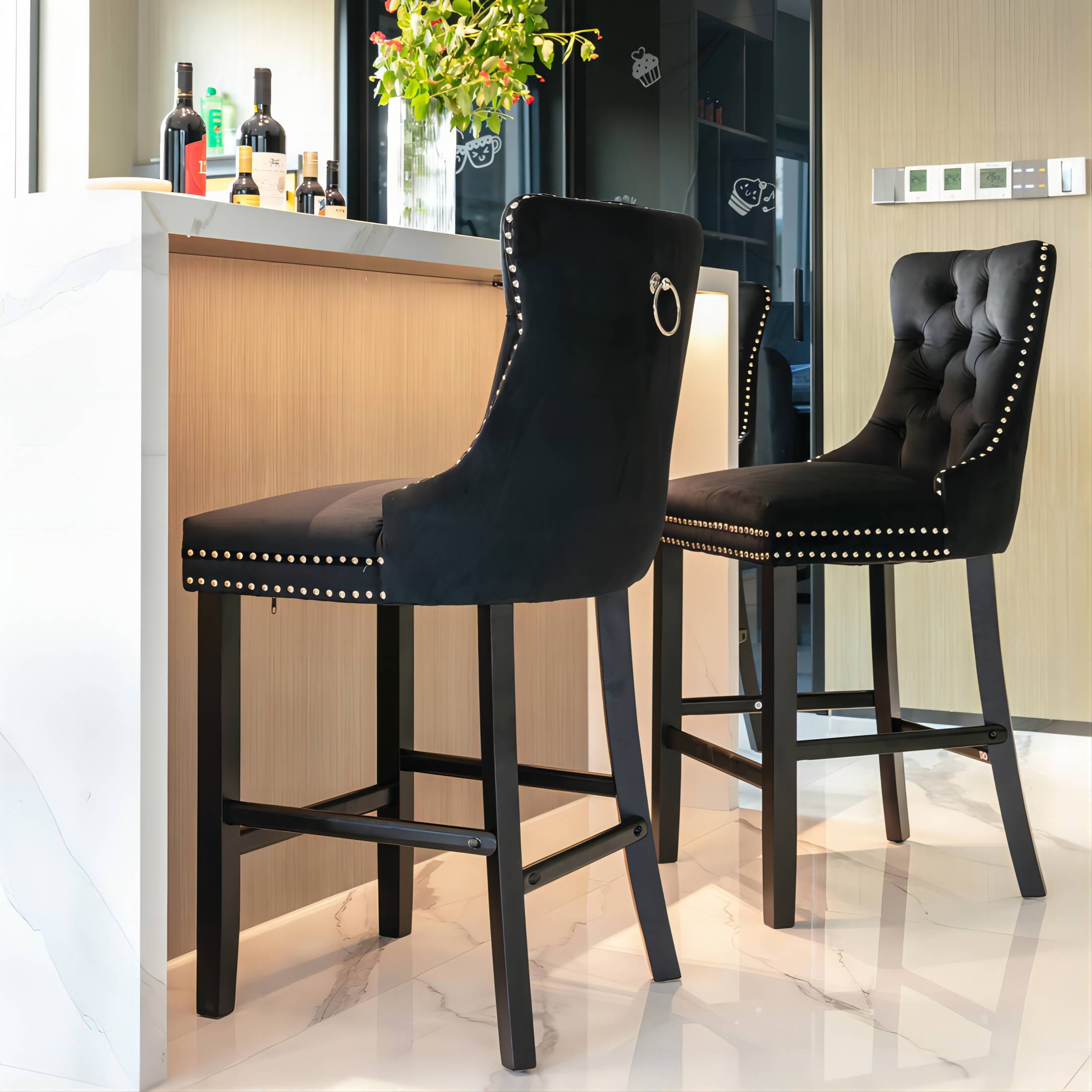 Paproos Upholstered Bar Stools Set of 2, Velvet Barstools with Wood Legs and Tufted, Modern Leisure Counter Height Bar Chairs with Chrome Nailhead Trim for Home Pub and Kitchen Island, Black