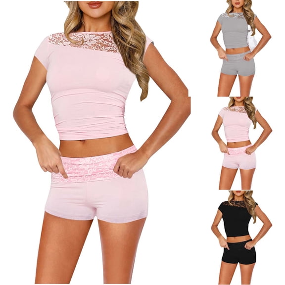 Ashirexll Womens Summer Outfits, Two Piece Sets for Women, Solid Color Round Neck Lace Top and Low Waist Shorts Set