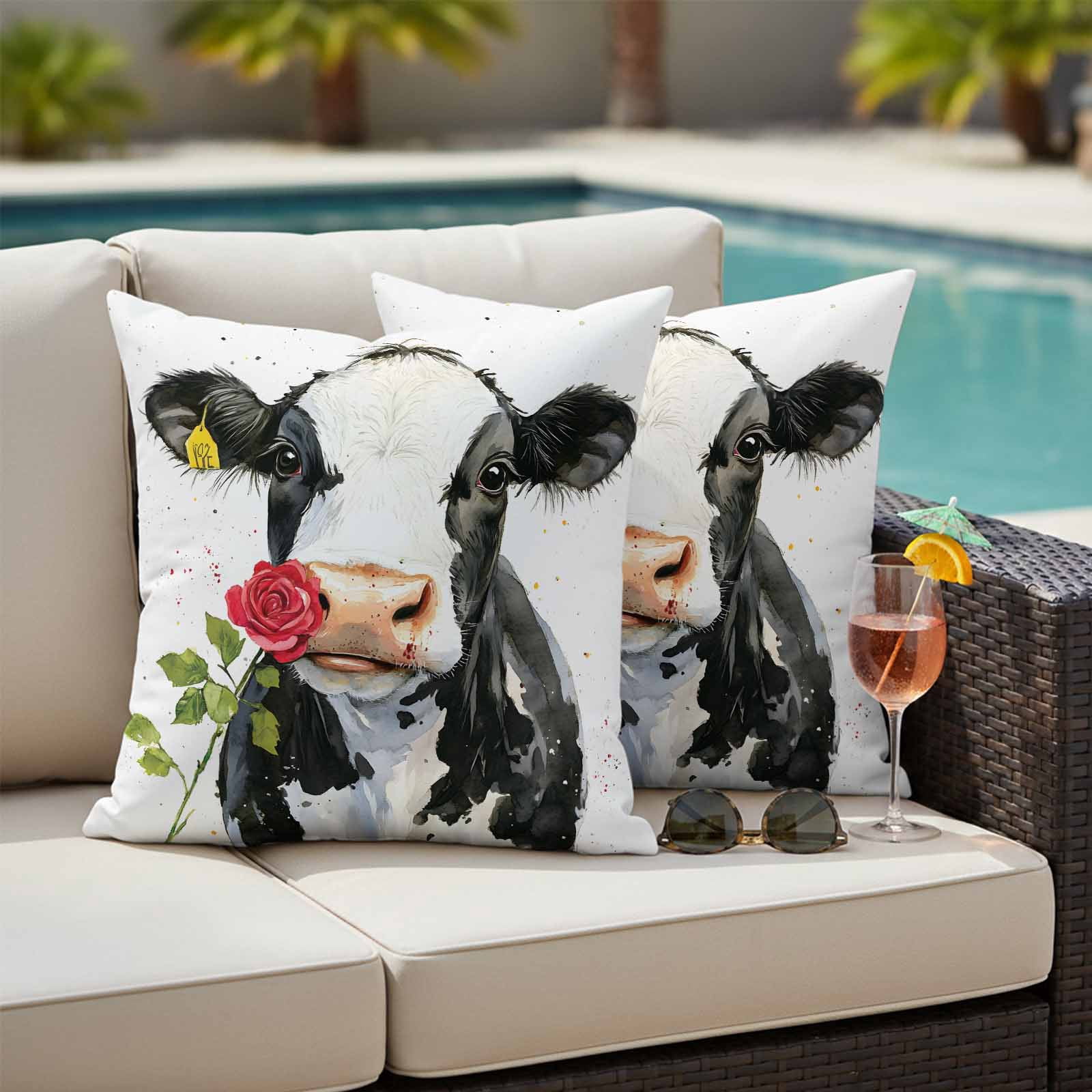 Black White Cow Outdoor Waterproof Pillow Covers, Spring Farmhouse Animals Printed Red Floral Decorative Square Throw Pillowcase Sofa Cushion Sham for Patio/Couch/Chair, 26"x26" 2 Pack