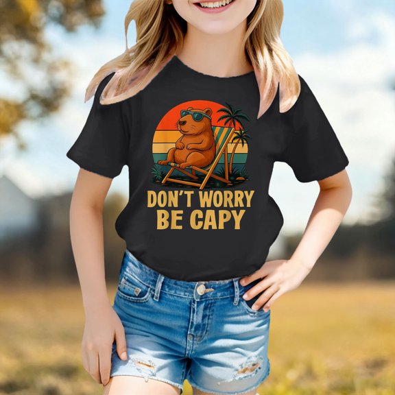 Girls T Shirts Cartoon Print Breathable Crew Neck Short Sleeve Tee for Summer Wear Girls' Tops Tees Blouses Black 3 Years-4 Years
