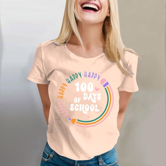 Tittly T Shirts for Women Spring Tops for Women 100 Days Of School Shirt Women Teacher Tshirts Happy 100th Days Shirt Celebration Appreciation Graphic Tees Tshirts Shirts Beige L