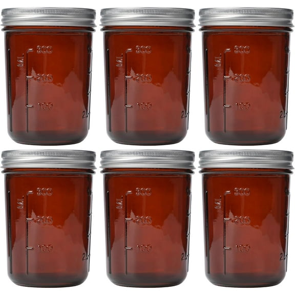 Amber Glass Mason Jars 16oz - 6 Pcs Wide Mouth Mason Jars With Lids And Bands. Empty Candle Jar, Food Storage Containers, Canning Jar For Canning, Fermenting, Pickling, Jar Décor.