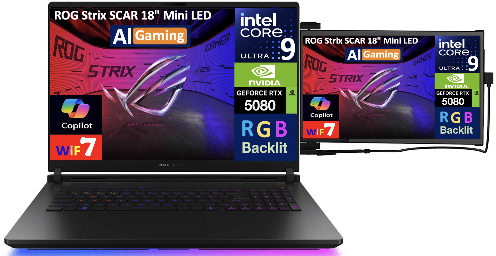 ASUS ROG Strix SCAR AI Gaming Laptop 18in 240Hz Mini LED WQXGA Display (Intel Ultra 9- 275HX, NVIDIA GeForce RTX 5080 16GB, 32GB DDR5, 2x8TB PCIe SSD (16TB), RGB KB, Win 11 Pro) w/Duex Max DS Monitor