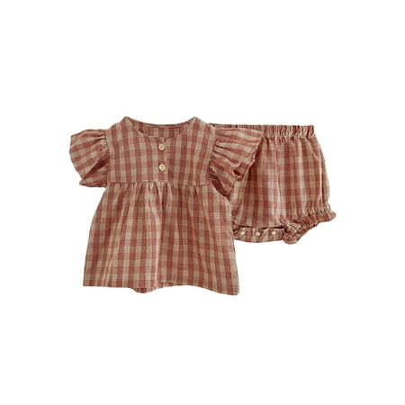 

2pcs Baby Girl Shorts Set Plaid Pint Fly Sleeve Tops + Ruffle Shorts Toddler Casual Summer Outfits