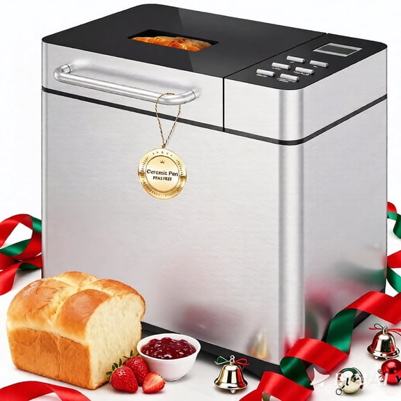 Patiosunny  19-in-1  Stainless Steel Bread Maker Machine, 3 Crust Colour Settings, 360° Baking, with Recipes Recommended, Silver