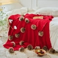 thumbnail image 4 of HOMEZY-US Christmas Fur Pom Pom Knit Throw Blanket Super Soft Warm Cozy Cable Knitted Blanket for Sofa and Couch 51 x 63 Inch Red, 4 of 7