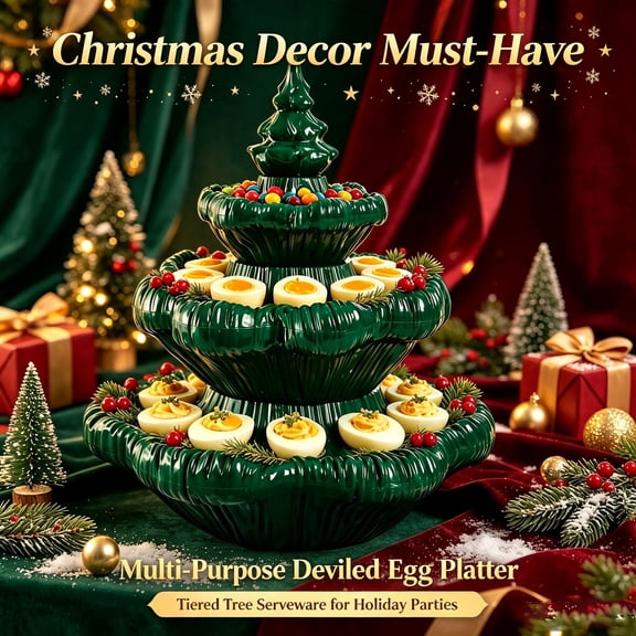 Christmas Tree Deviled Egg Tray Platters, Stackable Plates for Holiday Parties, Farmhouse Kitchen, Microwave & Freezer Safe Xmas Serving(Classic,Green,Holds 26 Eggs)
