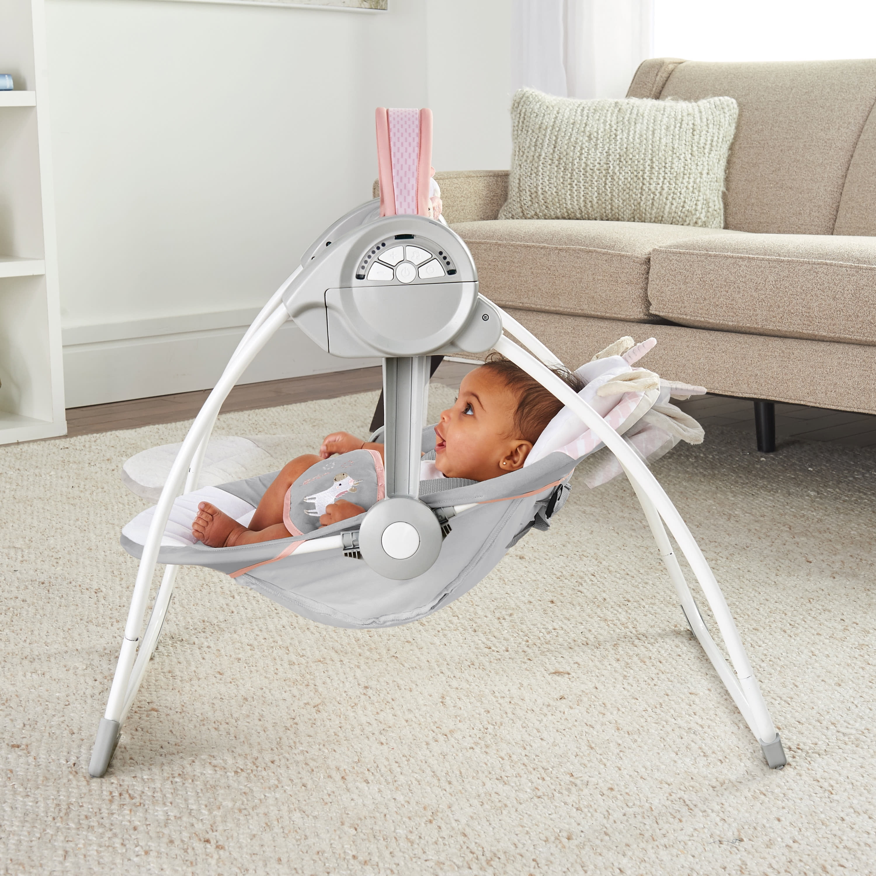 Ingenuity Soothe 'N Delight 6-Speed Portable Baby Swing with Music - Flora the Unicorn (Pink)