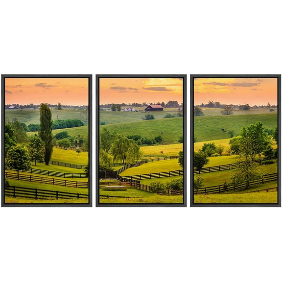 wall26 - 3 Piece Framed Canvas Wall Art - Evening Scene in Kentucky - Modern Home Art Stretched and Framed Ready to Hang - 16"x24"x3 BLACK