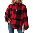 thumbnail image 4 of Half Zip Pullover Women Plaid Stand Collar Fleece Jackets Pocket Warm Winter Trendy Oversized Sweatshirts Wine XL, 4 of 5