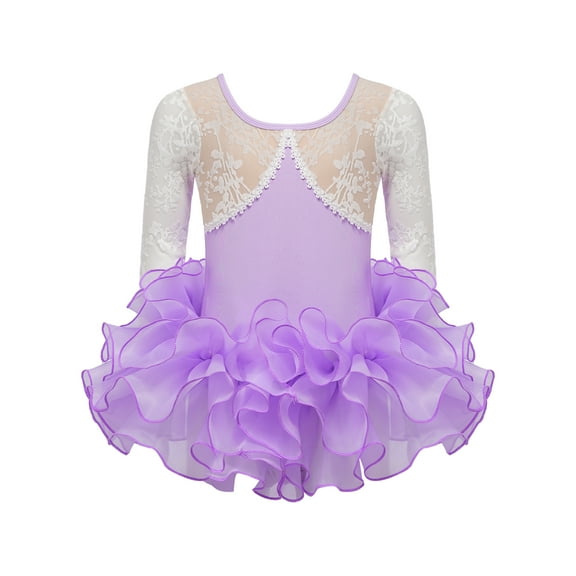 Haitryli Kids Girls Ballet Gymnastics Leotard Dance Tutu Dress Long Sleeve Lace Ballerina Outfit with Layered Skirt Purple 9-10