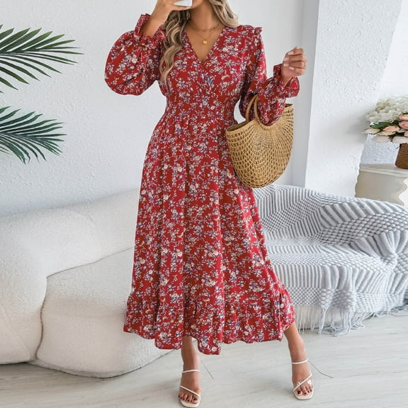 THDHVS Dresses for Women,Summer Dress,Womens Summer Long Sleeve Crew Neck Long Dresses Fashion Casual Fits Flowy Tiered Boho Beach Vacation Sundress Red L