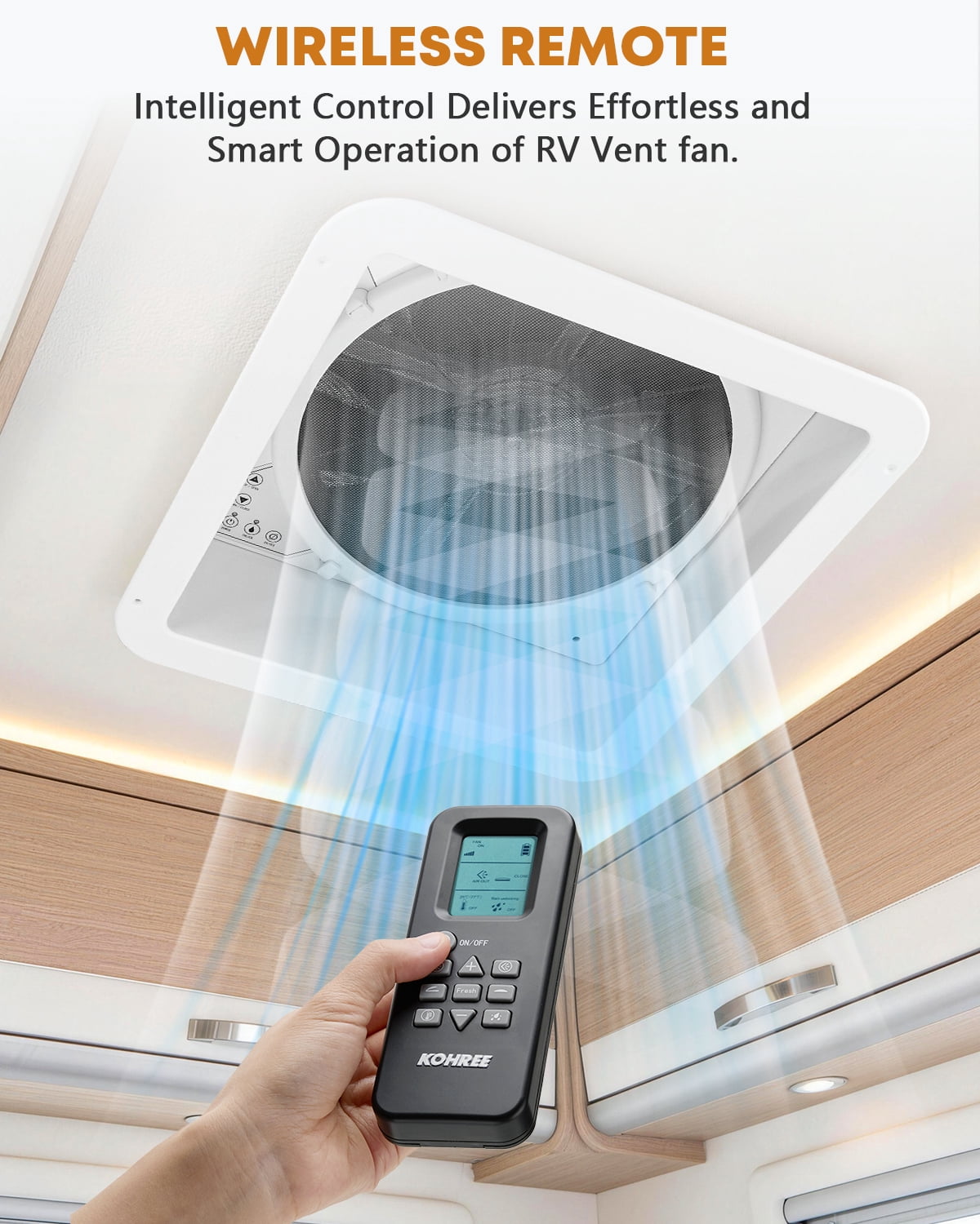 Kohree 14x14 RV Vent Fan, 10-Speed Reversible Powerful Roof Exhaust Fan with Remote, Thermostat, Quiet Operation & Built-in Rain Shield for Camper Trailer