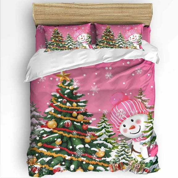 Pink Snowman Christmas Tree Twin Size Comforter Set, Vintage Xmas Gift Winter Snowflake Bedding for All Seasons, 4 Pcs Bed Set with 1 Comforter (68"x86") ,1Sheet(66"x116"), 2 Pillowcases (19"x29")