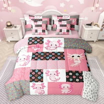 jejeloiu Cute Cartoon Axolotl 7-Piece Bedding Comforter Set,Kawaii Dessert Doughnut King Bedding Sets,Patchwork Geometric Checkered Bed Sheets For Kids,Ultra Soft Home Decor Reversible