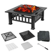 Fire Pit Outdoor, Charcoal Fire Pit with Cover, 32 Inch 3 in 1 Square Patio Firepit Table, BBQ Garden Stove, Firepit with Spark Screen and Poker, for Patio Backyard Garden