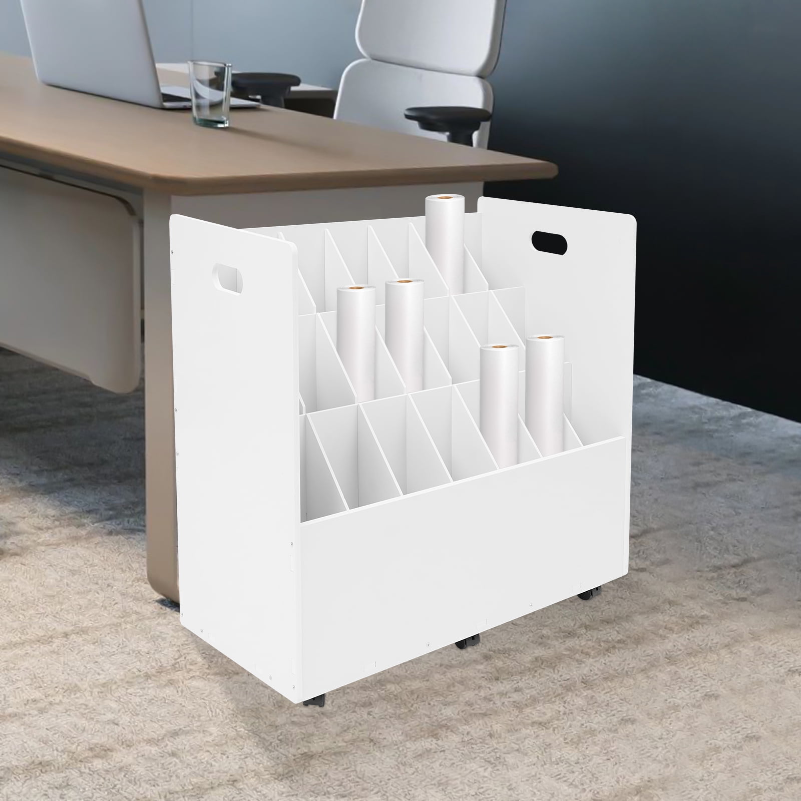 White Print Storage Organizer with Wheels, 21 Slots Mobile Blueprint Storage Rack Cart, Construction Plan Holder Roll Files Cart Map Poster Storage Cabinet for Office Home School