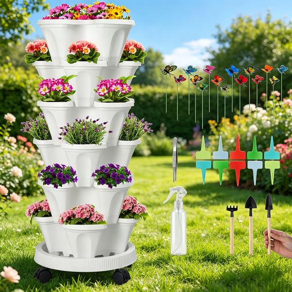 iHomeGarden 6-Tier Vertical Garden Planter Tower, White Stackable Plant Pots with Rolling Base and Accessories for Indoor Outdoor Gardening