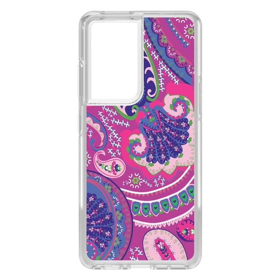 DistinctInk Clear Shockproof Hybrid Case for Galaxy S21 ULTRA 5G (6.8" Screen) - TPU Bumper, Acrylic Back, Tempered Glass Screen Protector - Pink Purple Green Paisley