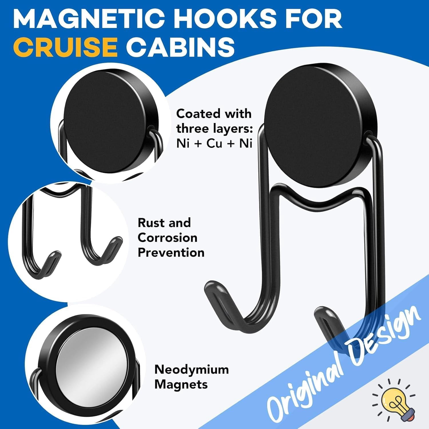 JJEAN-Magnetic Hooks, 50lbs+ 2026 Cruise Cabin Ship Essentials Magnet Hook Heavy Duty Strong Magnets Refrigerator Fridge Hanging for Classroom Beach Vacation Kitchen Home Must Haves 10 Pcs (Black)