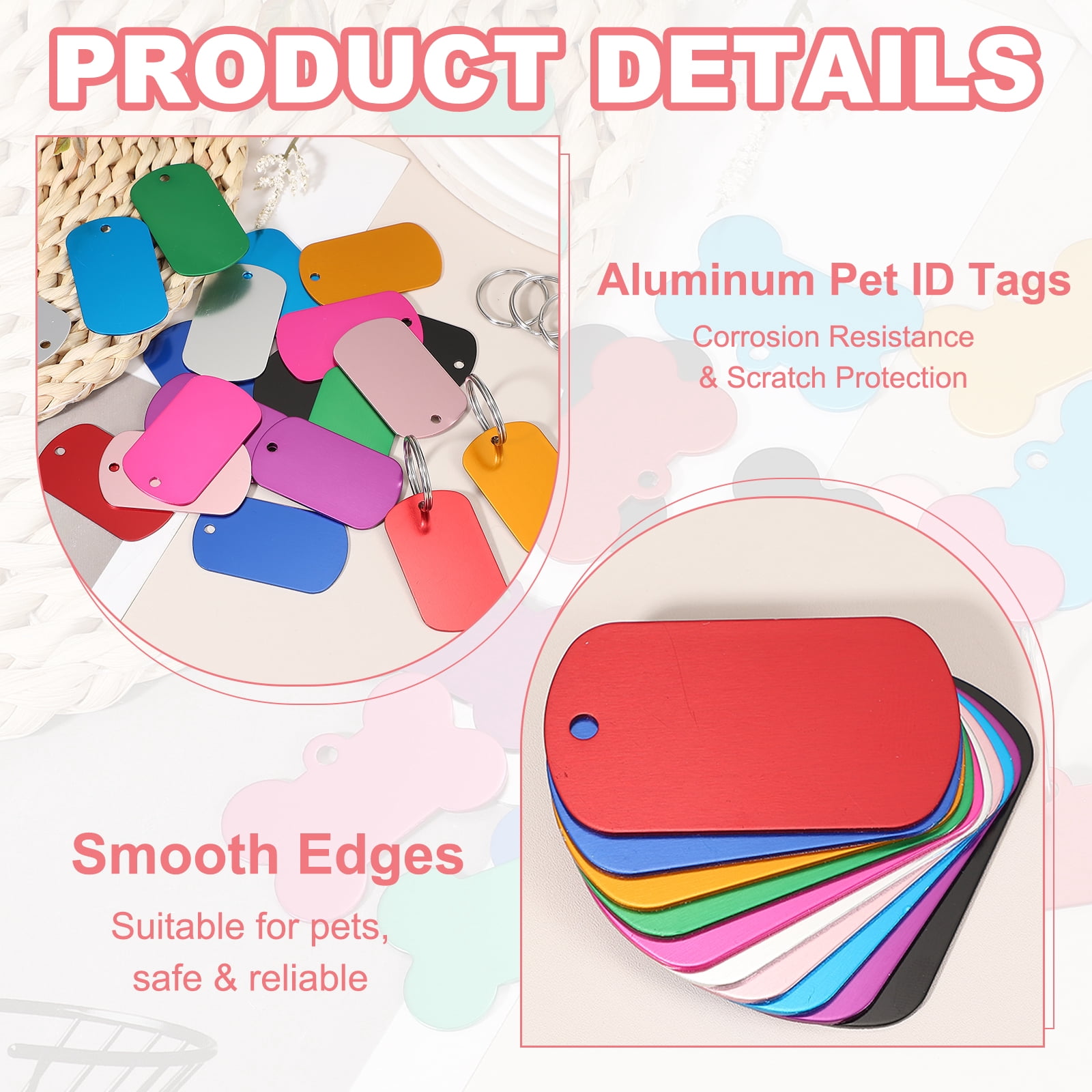 Pet ID Tags, Personalized Dog Cat Tag Aluminum Rectangle Engraved Blank with Key Ring 50x29mm Red 20Pcs