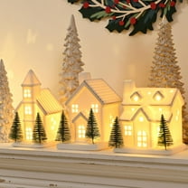 Ceramic White Christmas Village Houses, 3Pcs LED Lighted Porcelain House with 6Pcs Trees, Tabletop Figurines for Home Decor, Winter Holiday Gift