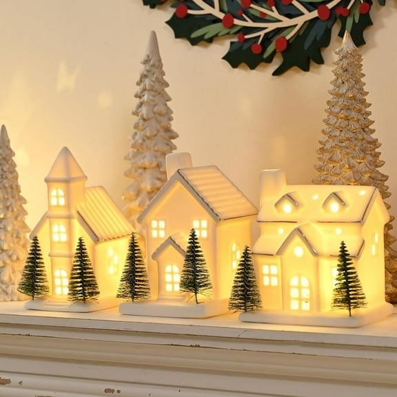 Ceramic White Christmas Village Houses, 3Pcs LED Lighted Porcelain House with 6Pcs Trees, Tabletop Figurines for Home Decor, Winter Holiday Gift