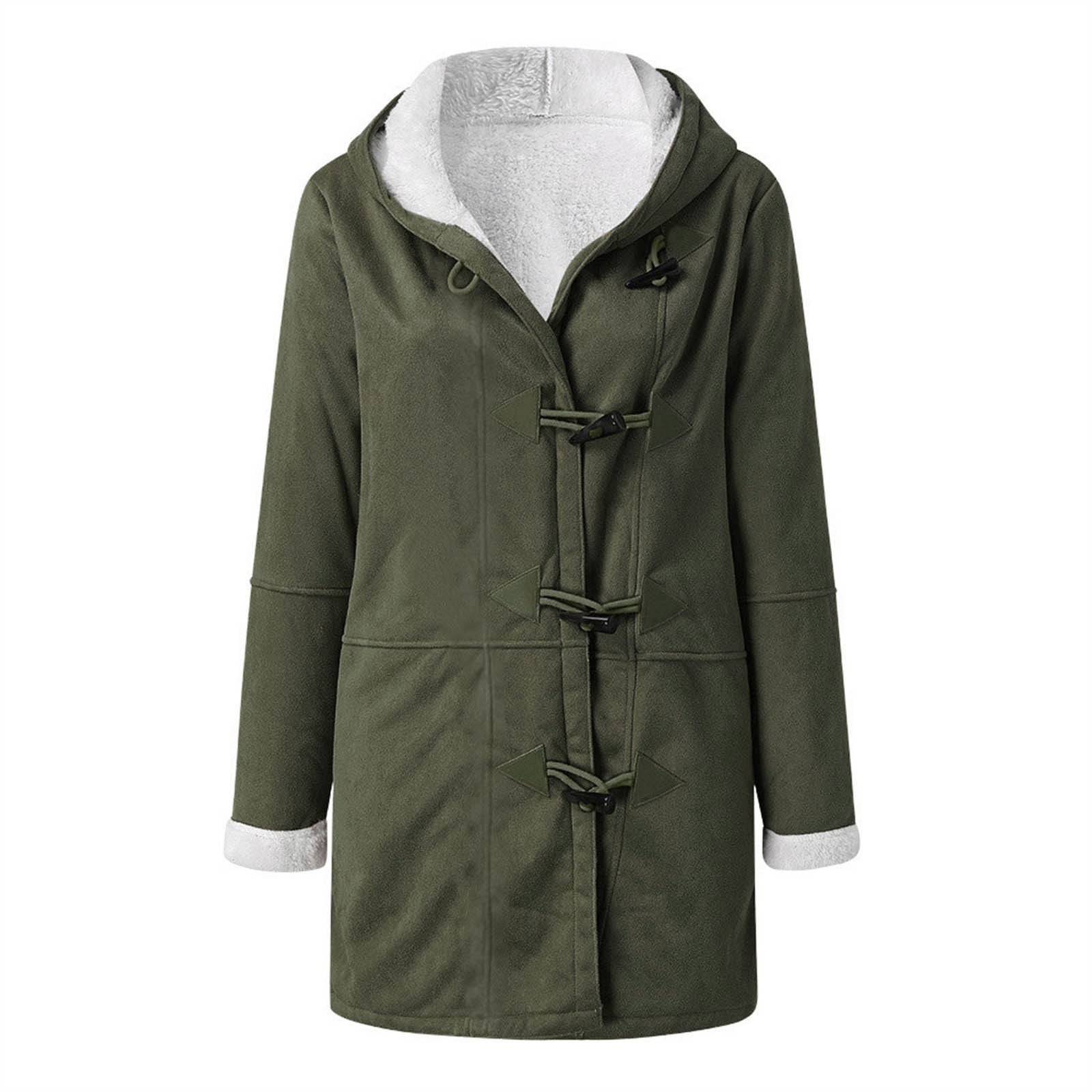 VINUSLI Faux Suede Jacket Women Dressy Horn Button Quilted Sherpa Fleece Outerwear Parka Coats Hooded Jackets​ Army Green,M