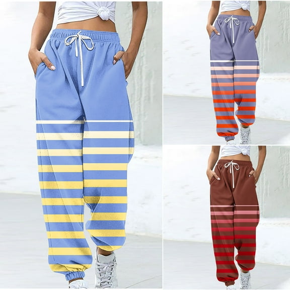 Fartey Womens Striped Sweatpants with Pockets Elastic Waist Drawstring Jogging Pants Cinch Bottom Sweatpant Casual Sport Bottoms Light Blue M