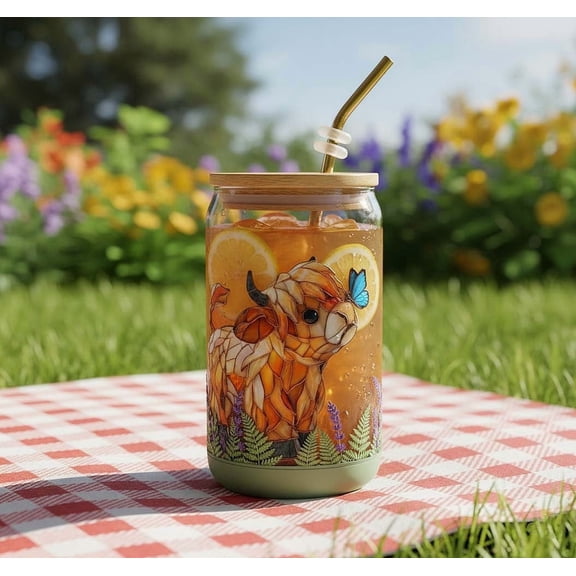 Highland Cow Gifts Highland Cow Glass Cups with Lids and Straws,Cute Sunflower Cows Drinking Glasses Cups Farmhouse Iced Coffee Cup for Women Cowgirls Girls Friend Tumbler Birthday Gift