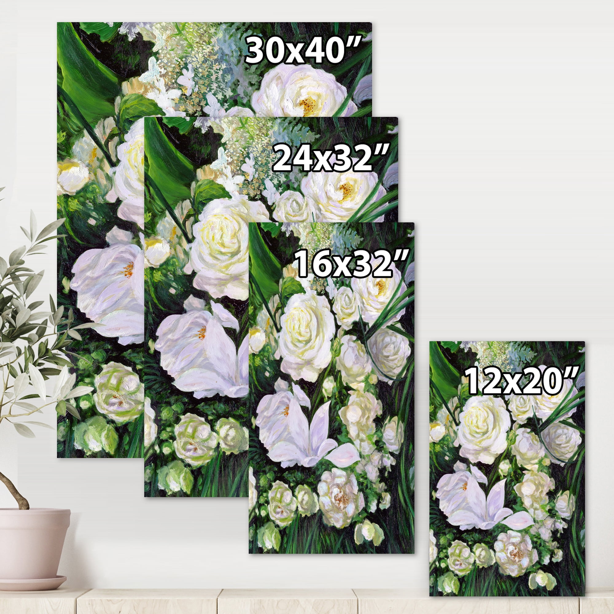 Designart ' Bouquet Of White Roses With Green Leaves ' Traditional Canvas Wall Art Print