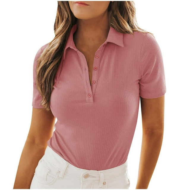 Kovlvoll Womens Summer Tops Short Sleeve Buttons V Neck Collared Shirts Dressy Casual Knit Ribbed Top