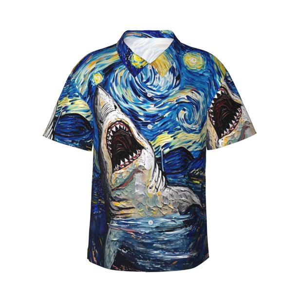 Fotbe Vintage Starry Sky Shark Camisa Hawaiana para Hombre Unisex – Camisa Casual de Verano con Botones de Manga Corta de Algodón y Lino,XX-Large