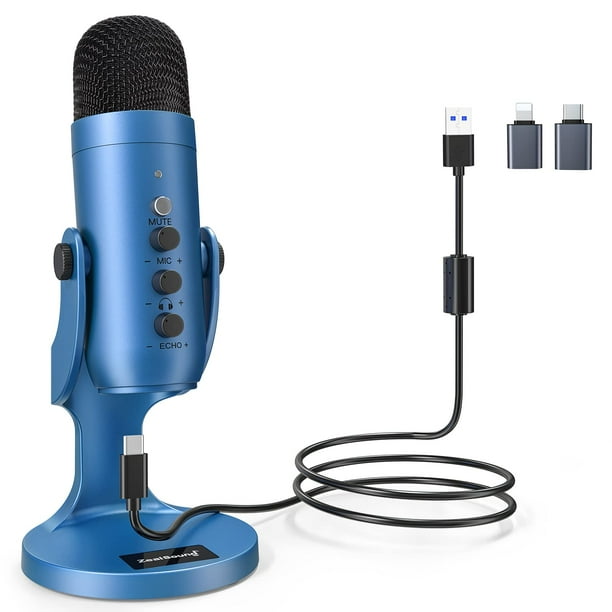 Micrófono USB ZealSound serie K66 con botón de ganancia azul