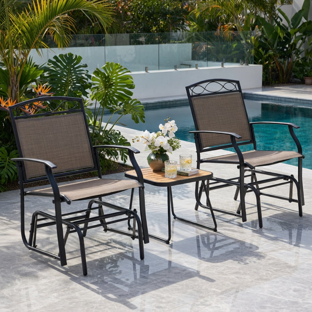 Hommoo 2-Piece Outdoor Metal Glider Armchair Set, Rust-Resistant Powder-Coated Frame, Fade-Resistant Breathable Fabric, High-Back Ergonomic Design for Porch, Patio & Poolside, Brown