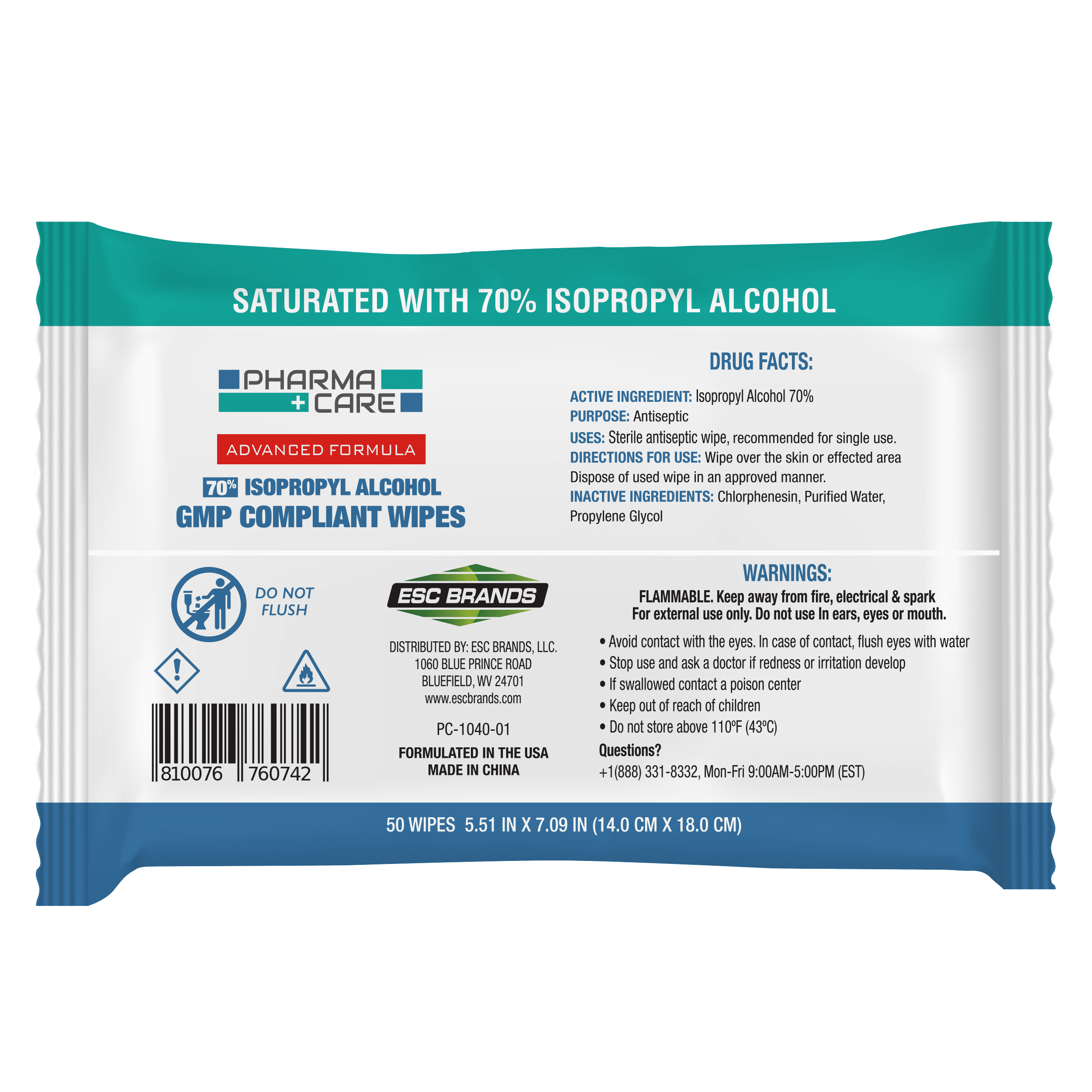 PharmaCare Advanced Formula 70% Alcohol Wipes - (50 Count) 40 Packs (case)